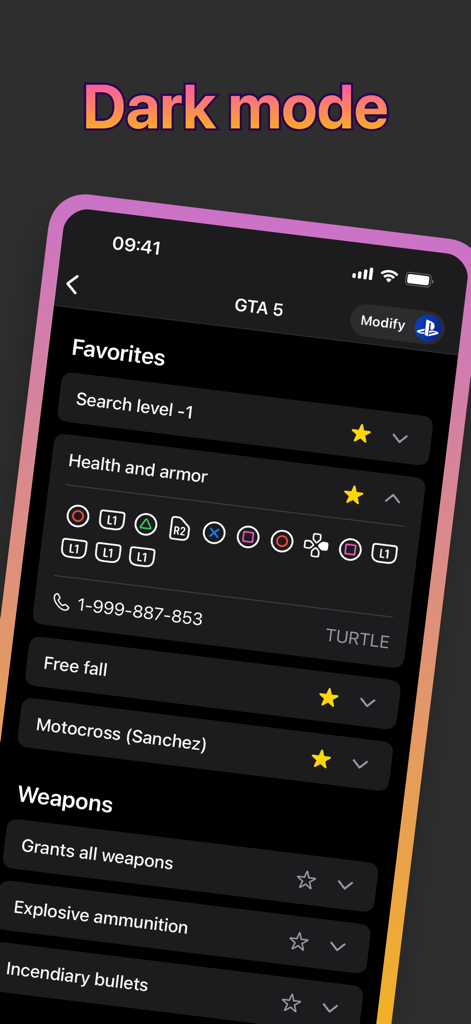 The GTA cheats and collectibles app interface showing favorite PlayStation codes in dark mode.