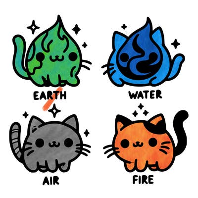 4 cats that represent the different elements, earth, water, air, and fire