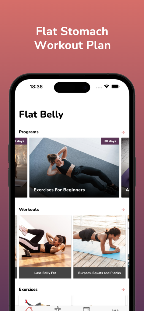 Flat Belly Workout Plan - Flat Belly Workout Plan app screen showing a 30 day beginner program and core exercises like planks and crunches