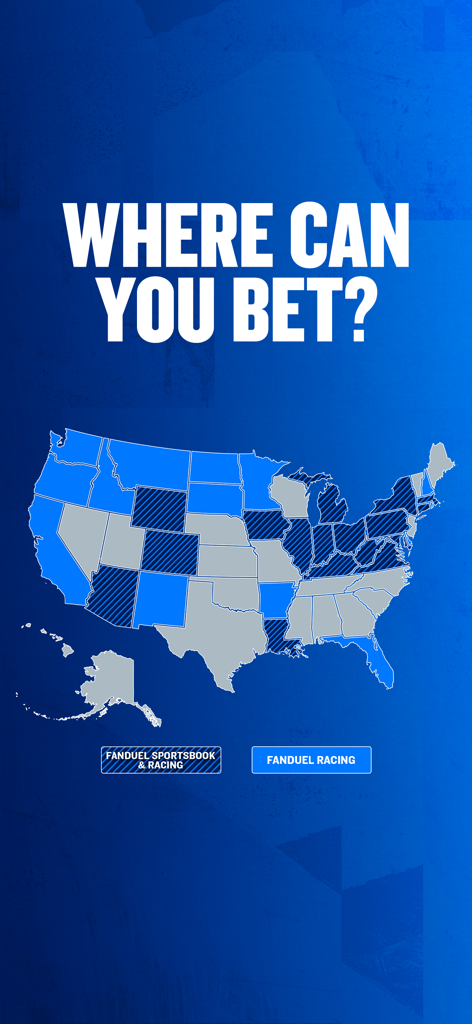 FanDuel Racing - Bet on Horses - FanDuel Racing 및 Sportsbook 베팅이 합법적인 주를 강조 표시하는 미국 지도