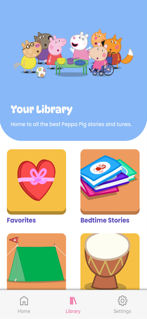 Interfaz de la biblioteca de la aplicación Peppa Pig de PlayShifu que muestra categorías de historias y música