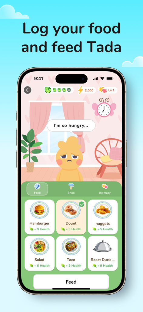 La interfaz de la aplicación Tada donde los usuarios registran comidas alimentando a un compañero virtual lindo para rastrear la salud y la nutrición.