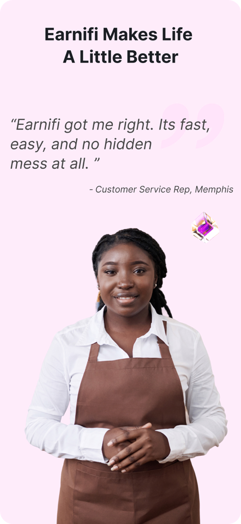 Earnifi: Rent, Early Pay, Cash - A customer service representative from Memphis sharing a positive testimonial about the Earnifi app on a pink background.