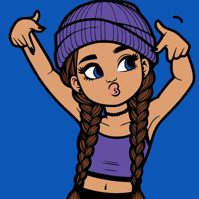 realistic teenage girl with braids and a beanie and crop top doing 🫶🏼