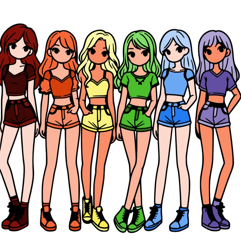 a group of girls wearing crop tops and shorts