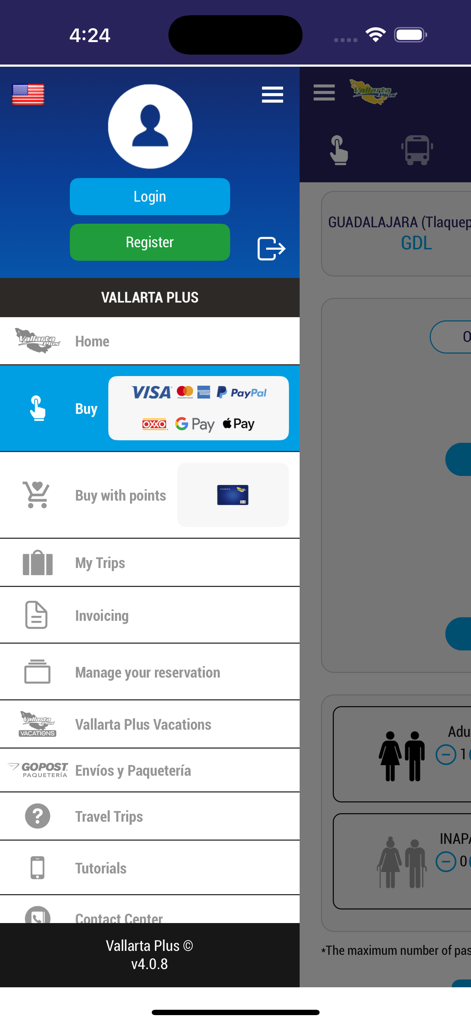 Vallarta Plus - Vallarta Plus app navigation menu with ticket booking and reward options.