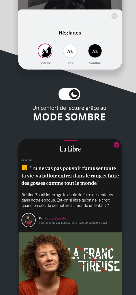 La Libre News - La Libre Newsアプリのインターフェース。ダークモードの設定と、読書の快適さのためにダークテーマで表示されたサンプル記事が表示されています