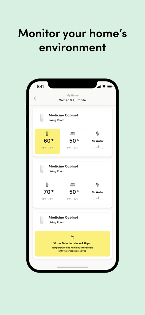 Kangaroo: Simple Home Security - Kangaroo app screen showing water and climate monitoring with temperature, humidity, and water leak detection alerts.