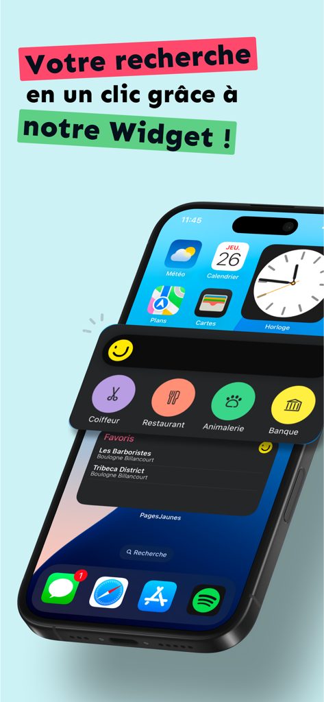 PagesJaunes - Recherche locale - PagesJaunes mobile app widget on an iPhone home screen showing quick search shortcuts for hairdresser restaurant pet store and bank