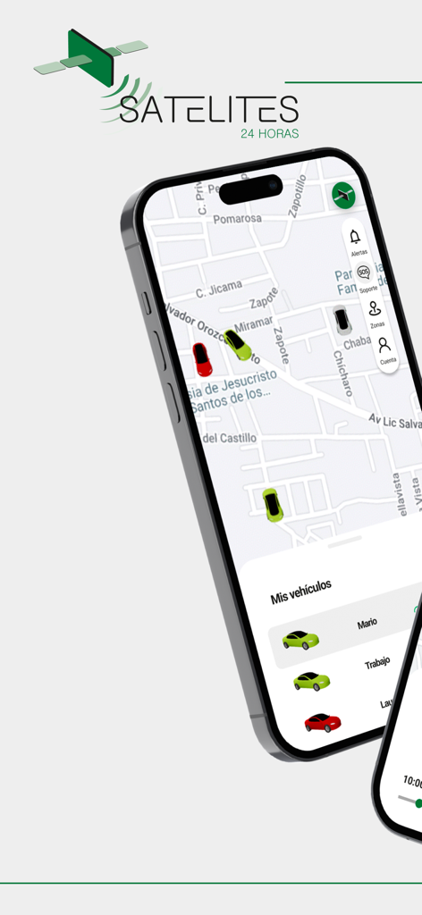Satélites 24Hrs - Satélites 24Hrs app interface showing real time vehicle tracking on a map