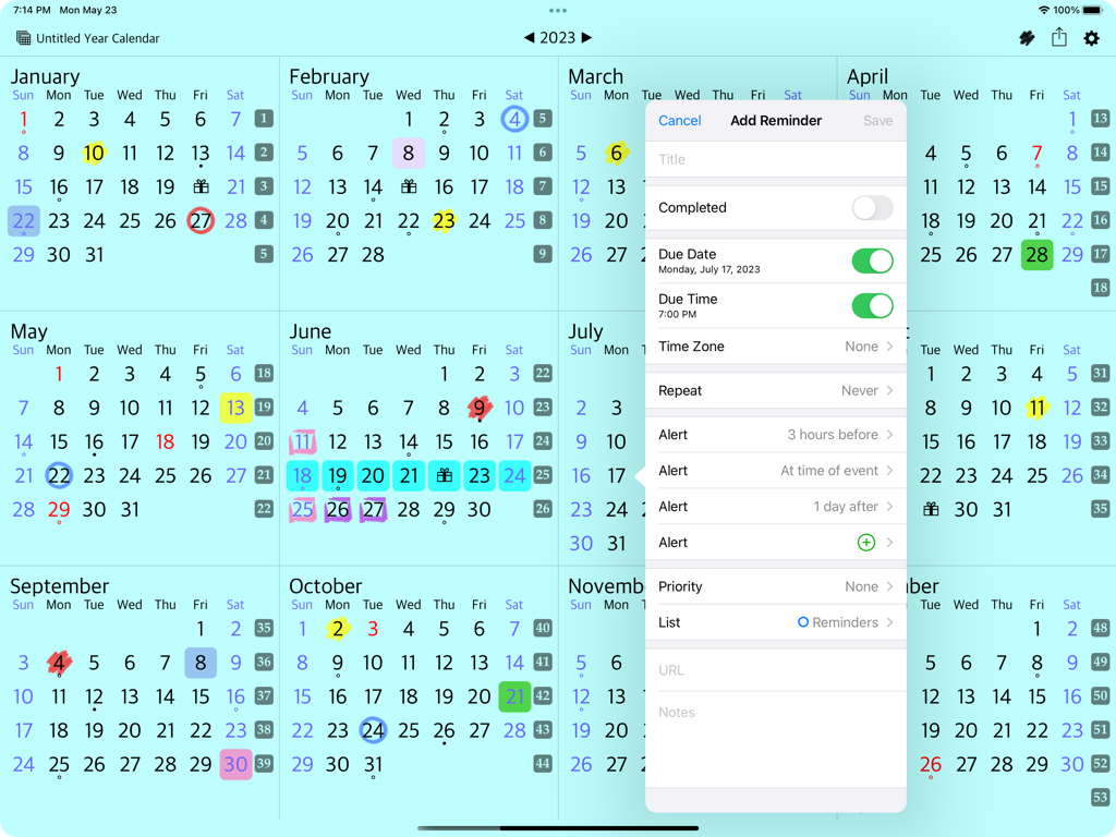 All-in-One Year Calendar Pro - Full year calendar view on iPad showing a reminder creation window with date and alert options