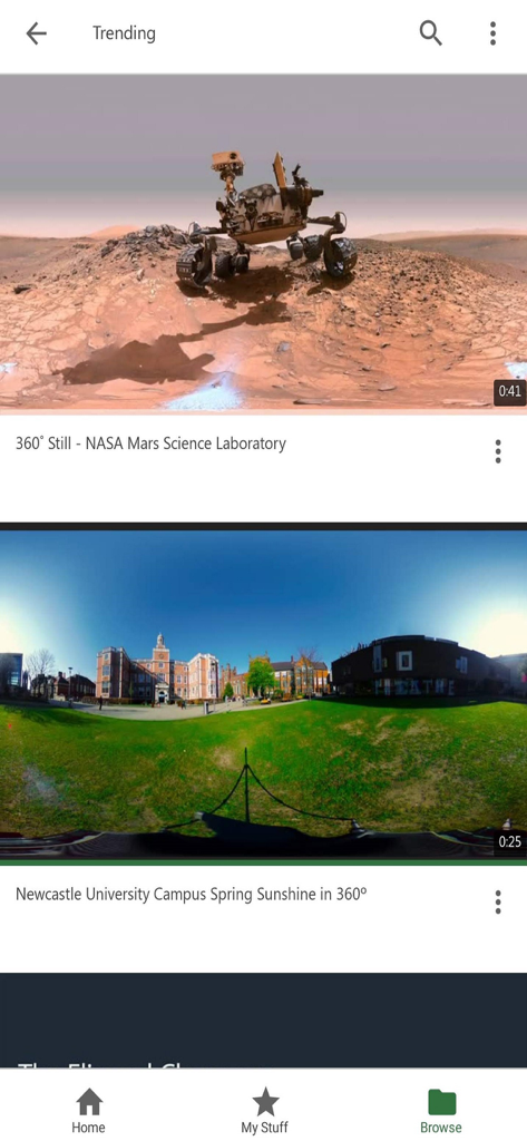 Panopto - Écran des vidéos tendances de l'application mobile Panopto présentant des vidéos éducatives à 360 degrés de la NASA et de l'Université de Newcastle.