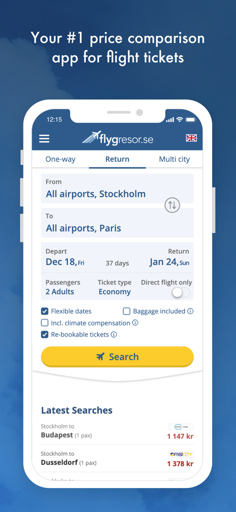 Flygresor app flight search screen showing a return trip from Stockholm to Paris