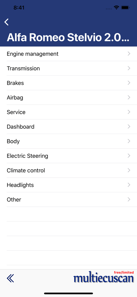 Multiecuscan Mobile App-Oberfläche mit Diagnosemenüoptionen für ein Alfa Romeo Stelvio Fahrzeug