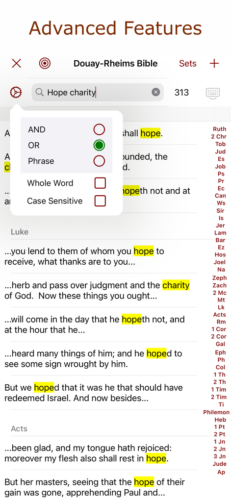 Interfaccia di ricerca avanzata nell'app cattolica iPieta che mostra i risultati biblici per speranza e carità con testo evidenziato.