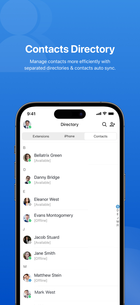 Yeastar Linkus Mobile Client - Yeastar Linkus app contacts directory screen with employee presence status indicators