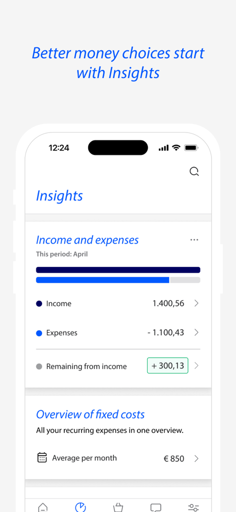 Rabobank mobile app insights dashboard showing monthly income and expenses overview