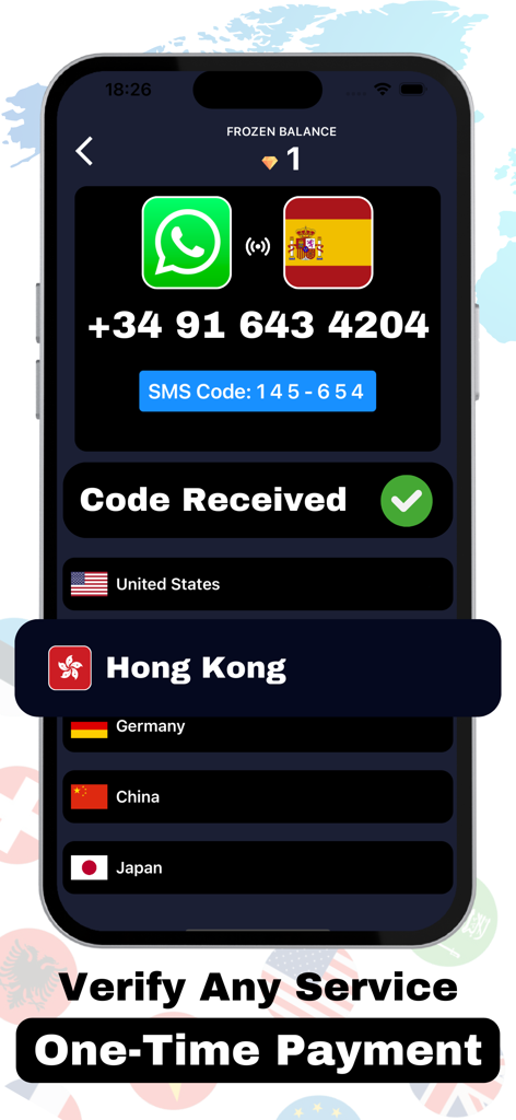 Oberfläche der SMS Online App, die eine virtuelle spanische Telefonnummer und einen empfangenen Verifizierungscode für WhatsApp anzeigt.
