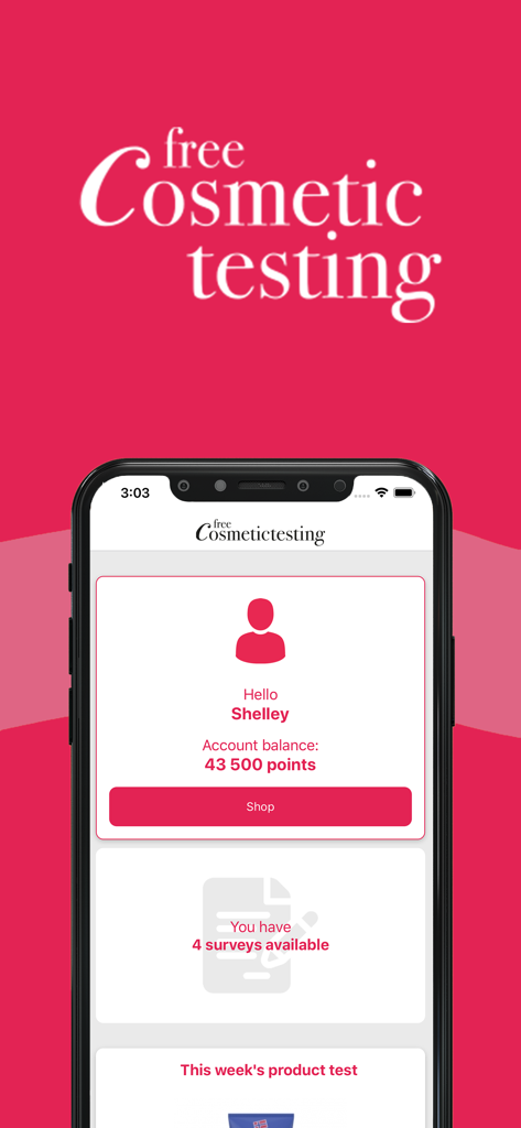 User dashboard of the Free Cosmetic Testing app showing points balance and available surveys