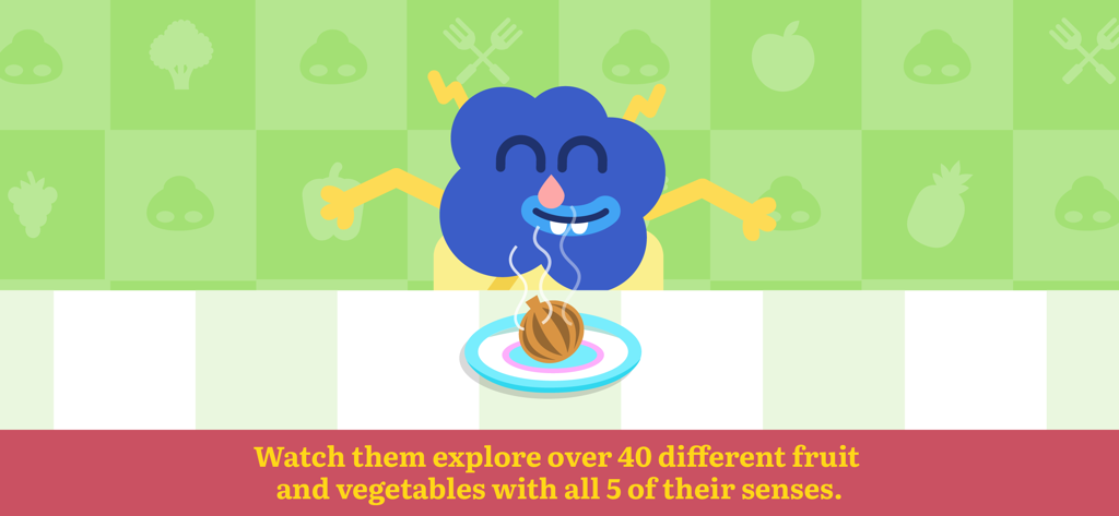 Teach Your Monster Eating - A blue monster character smelling an onion to learn about healthy foods in the Teach Your Monster Eating app