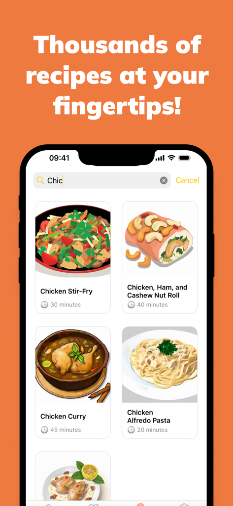 A mobile phone screen displaying chicken recipe search results on the whichFood app.