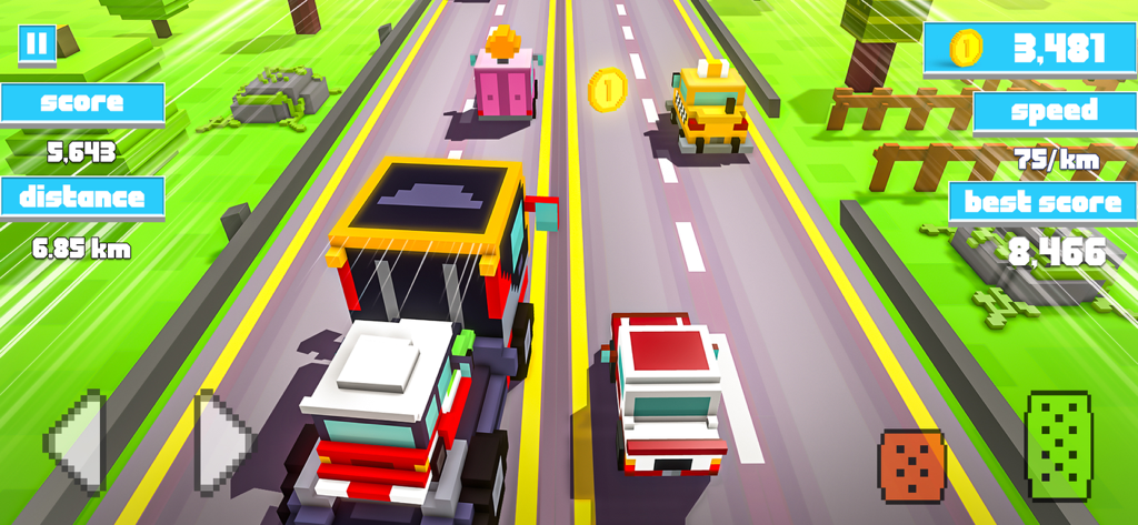 Top-down gameplay view of blocky vehicles racing on a multi-lane highway with score and distance counters