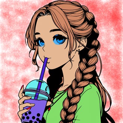 realistic girl with braided hair drinking boba