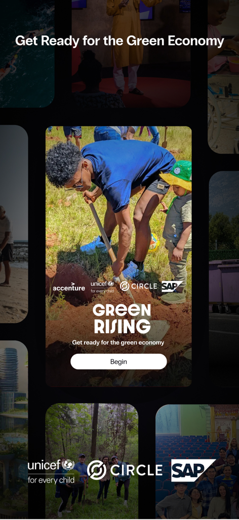 A young man digging in a garden for the Green Rising initiative on the Goodwall app, featuring logos from Accenture, UNICEF, Circle, and SAP.