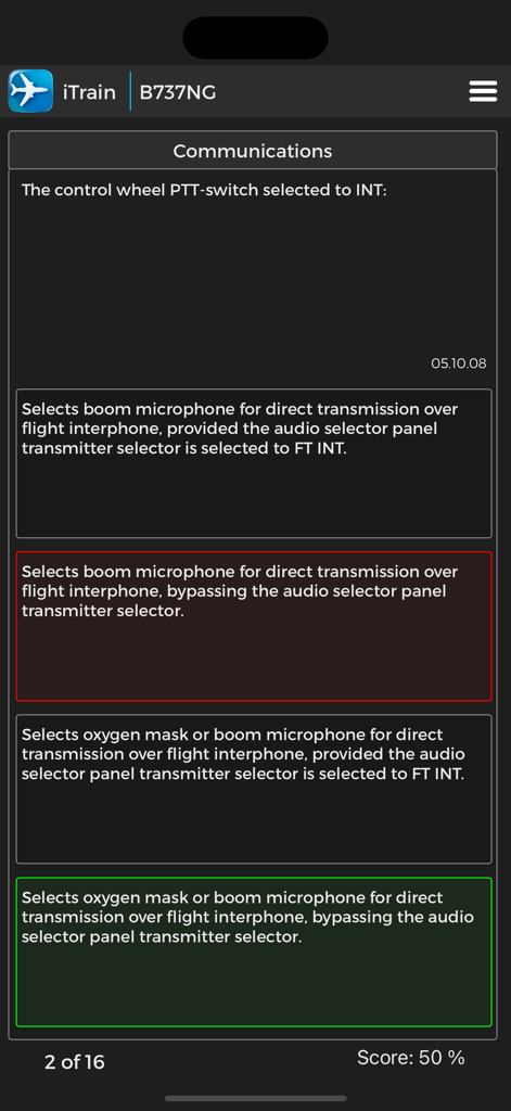 Technische Frage-Oberfläche in der iTrain B737NG Pilotentrainings-App, die ein Kommunikationsquiz anzeigt.