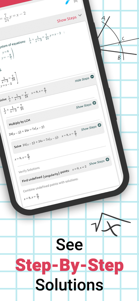 Smartphone screen showing Symbolab app with step-by-step math problem solutions.