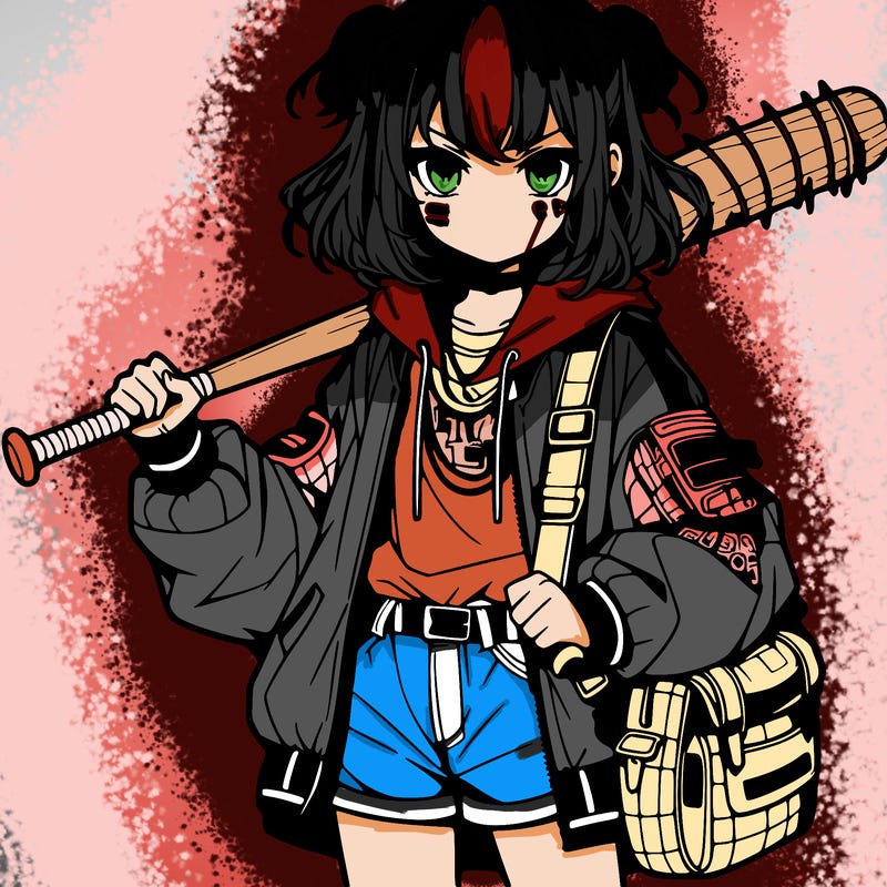 an anime girl with a baseball bat and streetwear