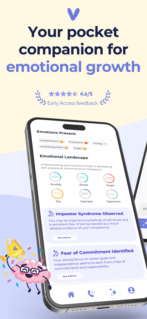 Interfaz de la aplicación Vent Now que muestra gráficos del panorama emocional e información sobre salud mental impulsada por IA