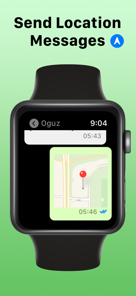WatchsApp interface on Apple Watch displaying a shared location map with a pin in a chat