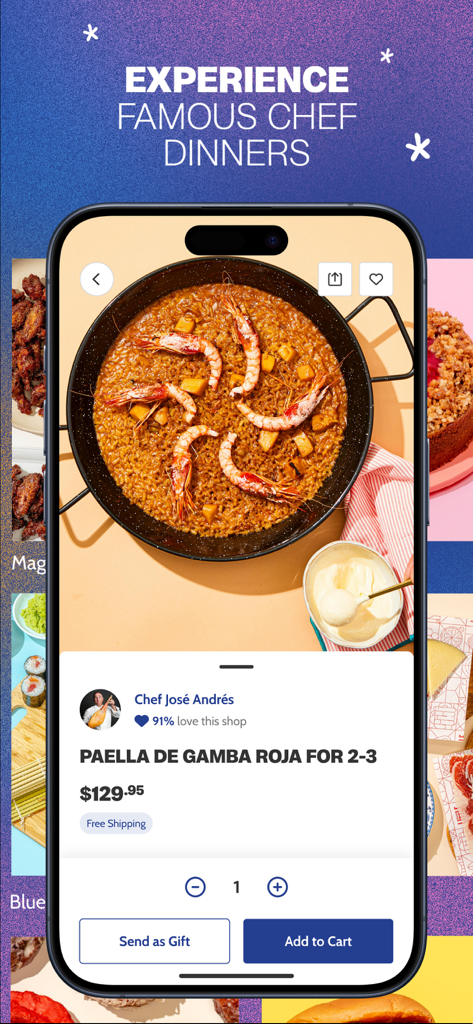 Goldbelly: Ship Food & Gifts - Goldbelly mobile app featuring a Red Shrimp Paella dinner by Chef Jose Andres