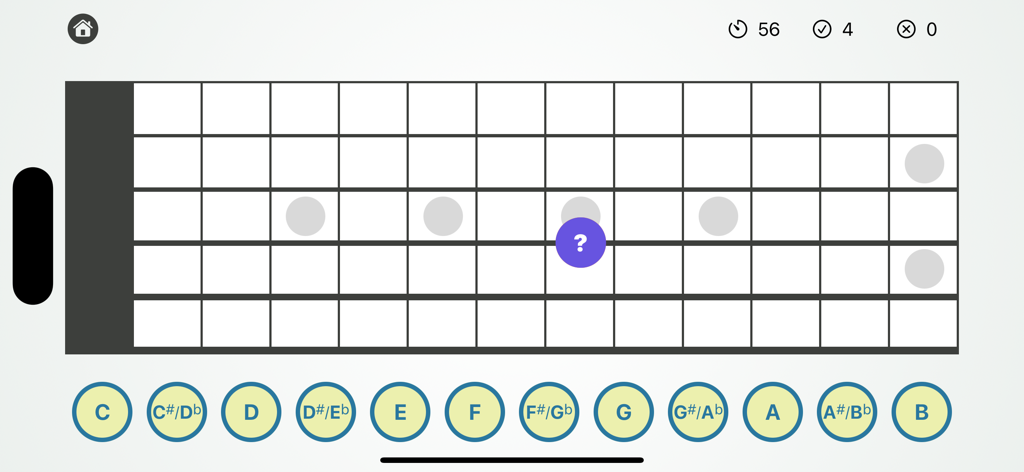 GuitarNotes - Master Fretboard - Interface of a guitar fretboard quiz showing a question mark on a specific fret with note buttons below for user selection