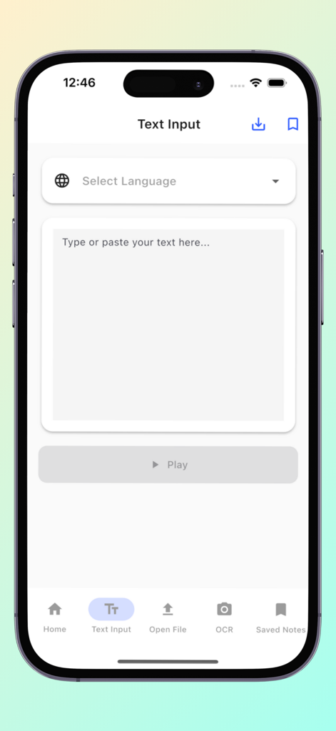 텍스트 입력 필드, 언어 선택 드롭다운, 재생 버튼을 보여주는 텍스트 음성 변환 앱의 모바일 인터페이스.
