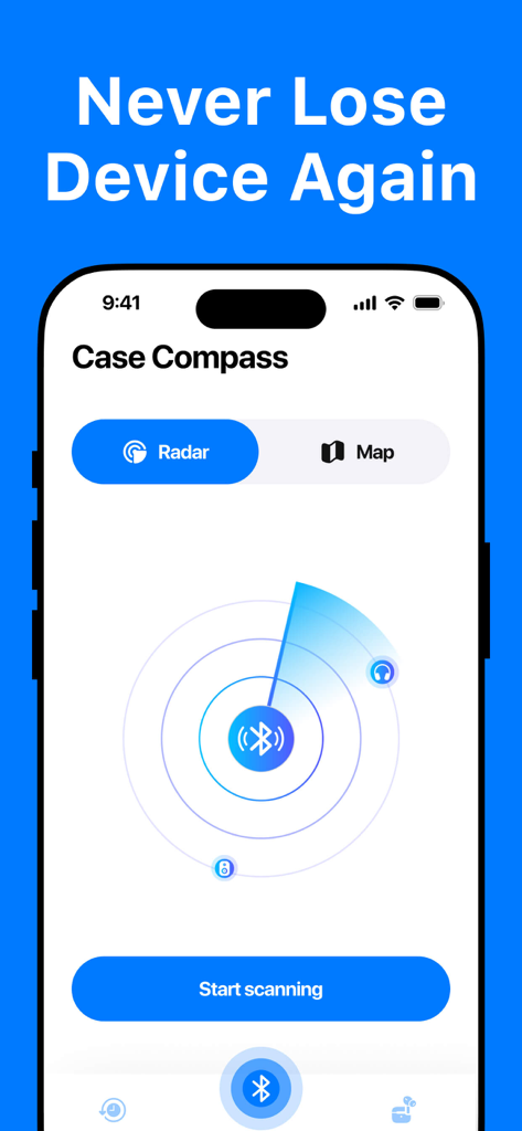 Find my Pods and Device - An iPhone screen showing a Bluetooth radar scanner to find lost devices