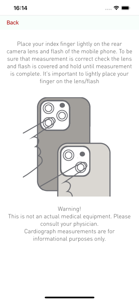 Guía visual sobre cómo colocar un dedo sobre la lente de la cámara para medir el pulso en la aplicación Cardiograph