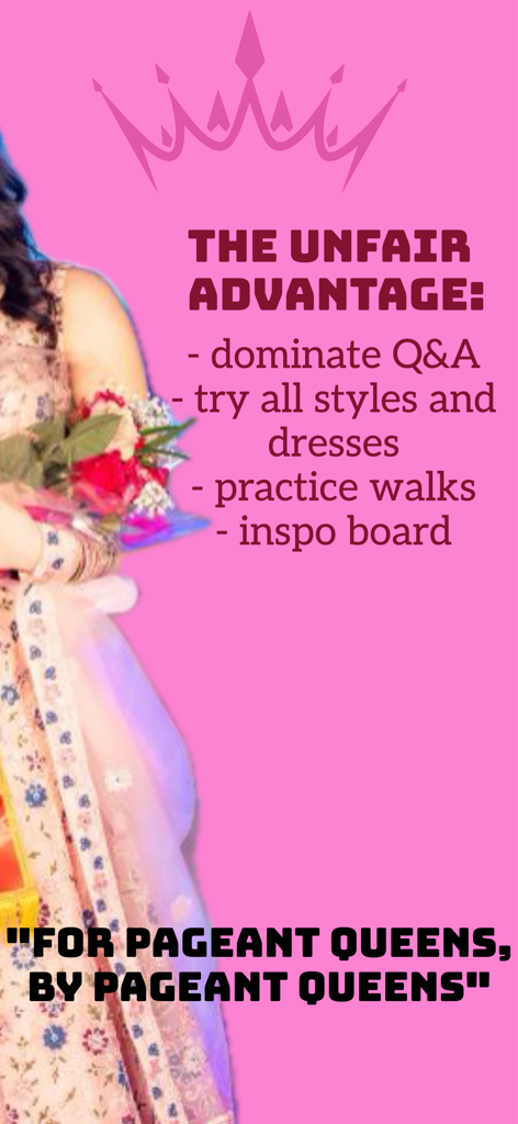 Runway AI - Gráfico promocional para Runway AI listando recursos de treinamento para concursos de beleza, como perguntas e respostas e provador virtual de vestidos