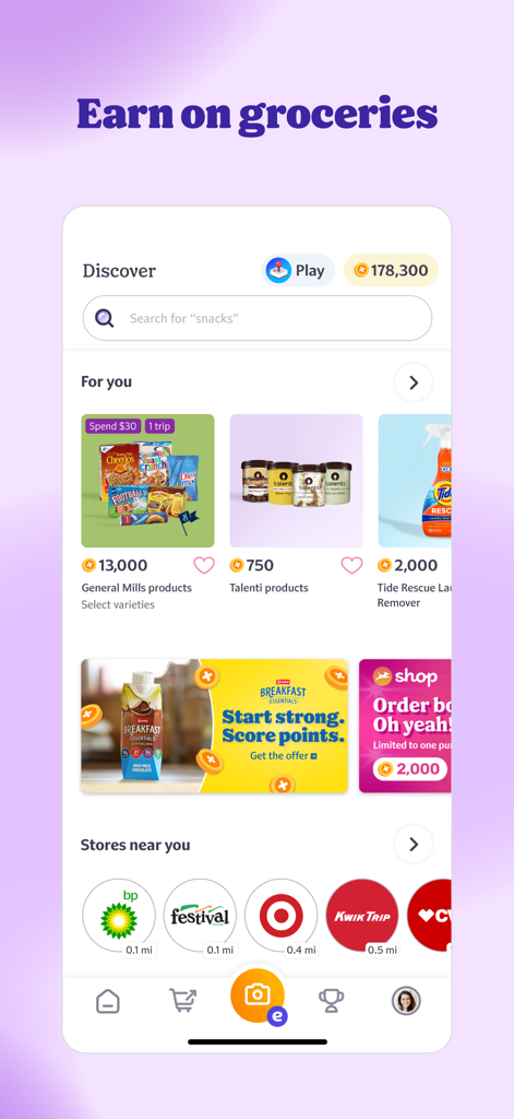 Fetch: America’s Rewards App - Interfaccia dell'app di premi Fetch che mostra offerte su prodotti alimentari e posizioni dei negozi vicini.
