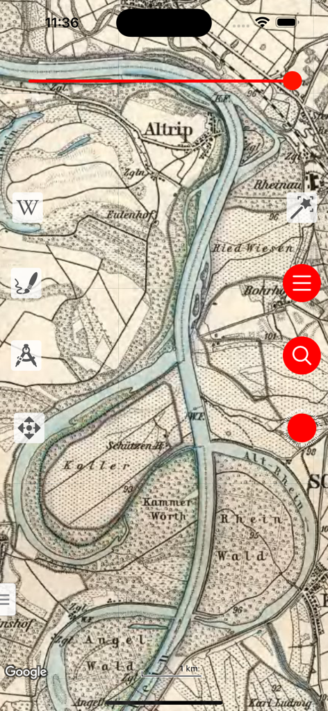 Vetus Maps - Vetus Maps mobile interface showing an antique map overlay of a river region with a transparency slider and navigation tools.