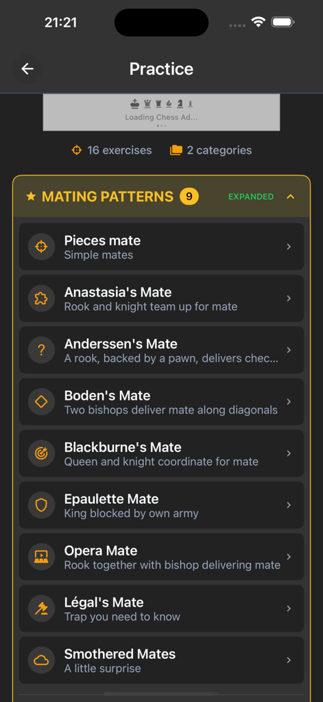 Chess Defense Trainer - Pantalla de práctica que muestra una lista de ejercicios de patrones de jaque mate de ajedrez, incluyendo Jaques Sofocados y Jaque de Anastasia