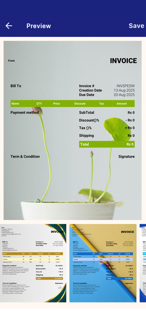 Preview of professional and customizable invoice templates in the AI Invoice Maker app.