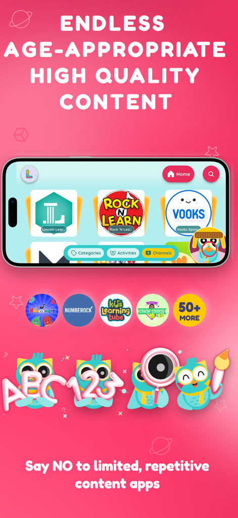 Kidzovo: Kids TV with AI Buddy - Kidzovo app interface displaying various educational channels and curated content for kids