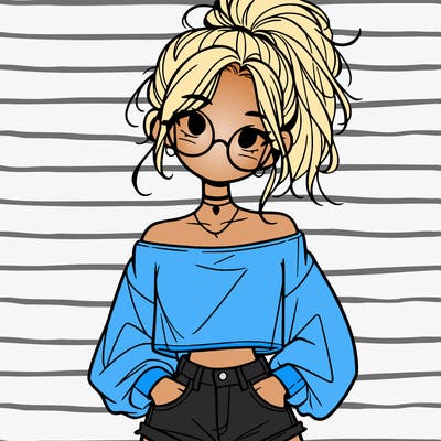 girl with a messy ponytail glasses a baggy crop top and jean shorts