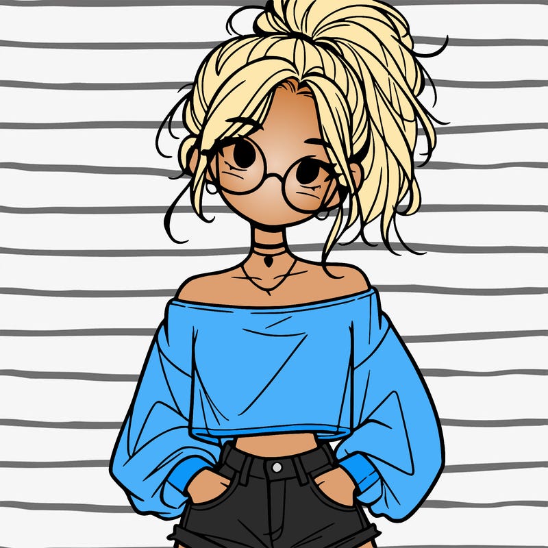 girl with a messy ponytail glasses a baggy crop top and jean shorts