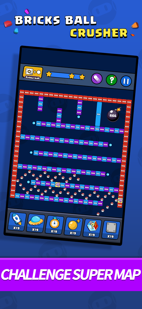 Bricks Ball Crusher - Bricks Ball Crusher mobile game interface showing a complex challenge level with numbered bricks and various power up items.