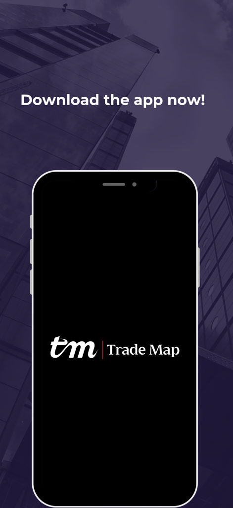 Smartphone displaying the Trade Map logo against an urban skyscraper background with a download prompt.