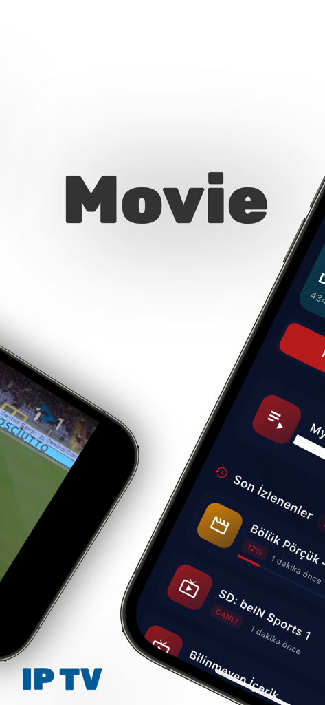 V-IP TV mobile app interface showing live sports streaming and a channel list on two iPhones.