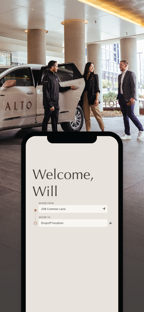 Alto - Alto ride hailing app showing a booking screen and a professional driver opening a luxury SUV door for passengers